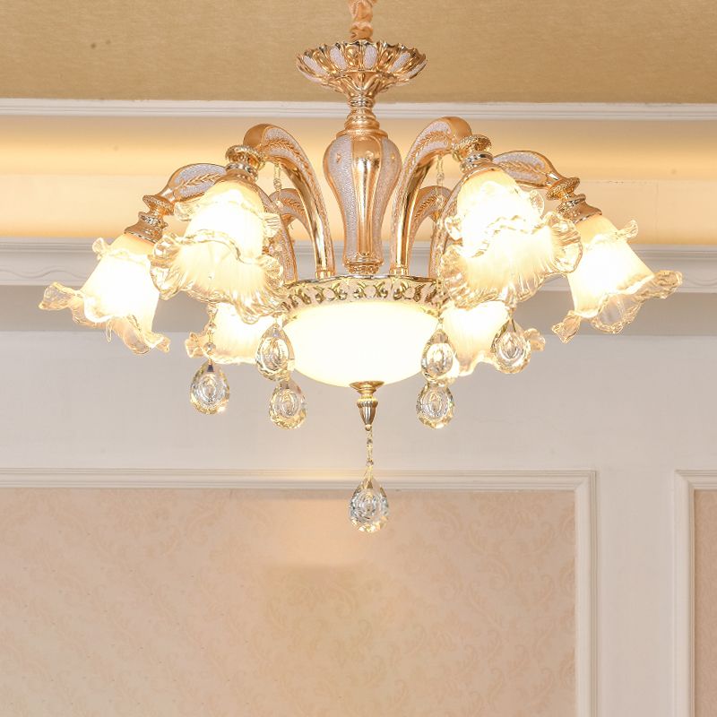 Ribbed Glass Ruffled Flower Suspension Light Retro Living Room Chandelier Light with Crystal Draping in Gold
