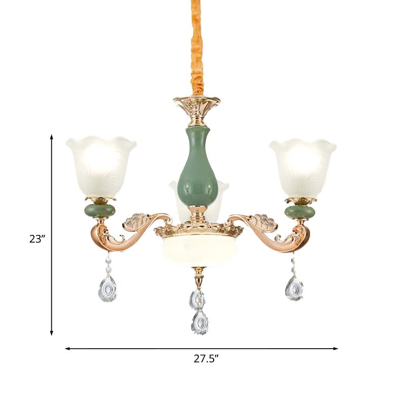 Floral Bedroom Up Chandelier Antique Milk Frosted Glass 3/6 Bulbs Gold and Green Hanging Light with Crystal Drop