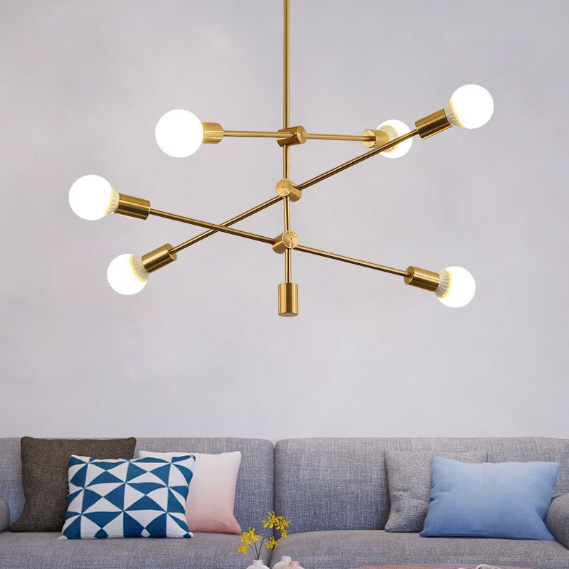 Gold Tiered Rod Adjustable Semi Flush Postmodernism 6-Light Iron Ceiling Mount Light with Open Bulb Design