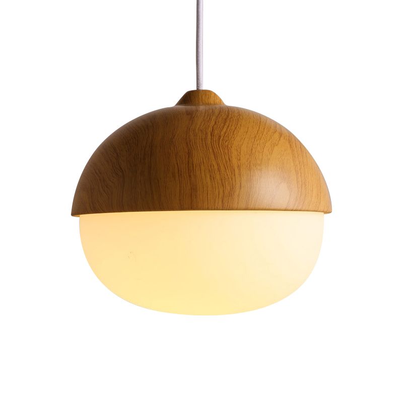 1 Light Nut Shaped Hanging Light Japanese Style Glass & Wood Pendant Light in White for Shop
