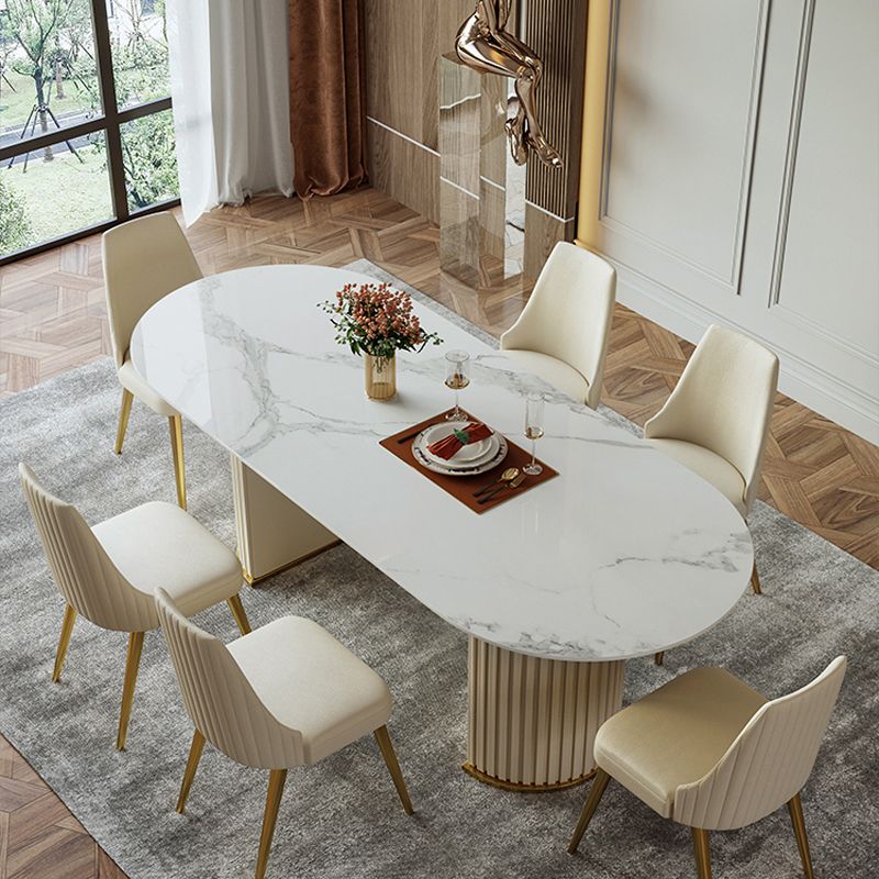 Oval Shape Luxury Dining Table White Tone Fixed Table with Sintered Stone