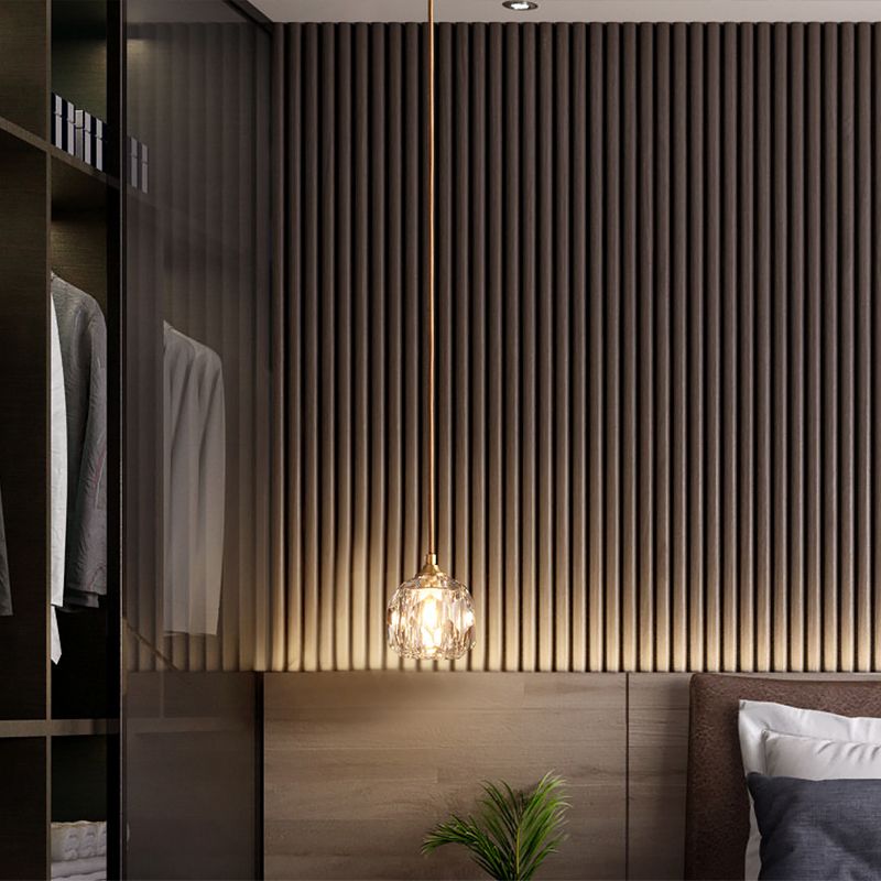 Gold Single Pendant Light in Modern Luxury Style Copper Globe Hanging Lamp with Crystal Shade