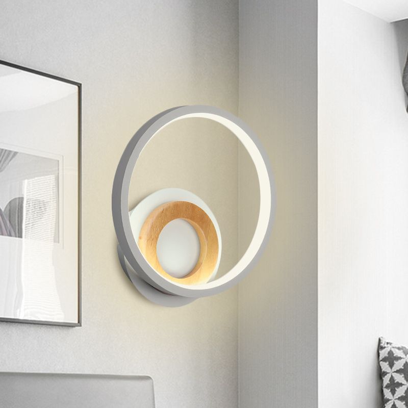 Modernist Ring Wall Sconce Acrylic LED Bedside Wall Mount Fixture in White with Wood Detail, White/Warm Light