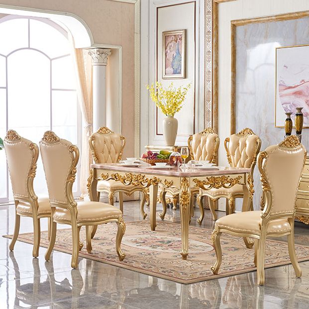 Solid Wood Victorian Rectangular Dining Table Marble Top Table with 4 Legs