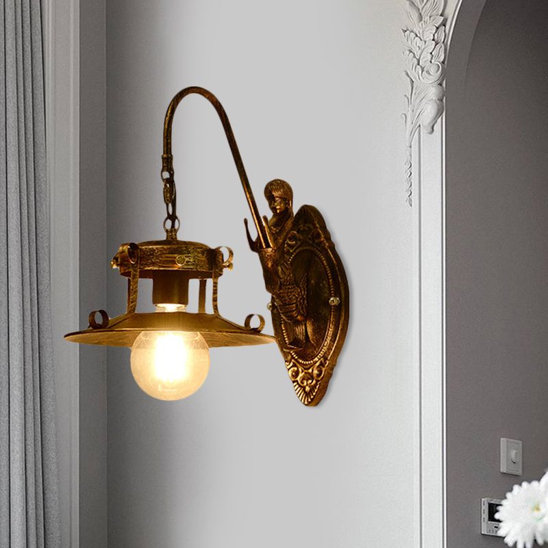 1 Light Wall Lighting Country Stair Sconce Lamp with Wide Flare Metal Shade in Brass