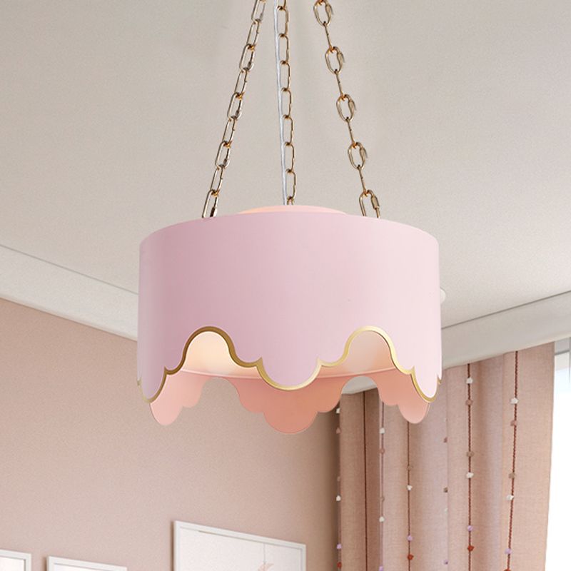 Drum Pendant Ceiling Light Kids Iron 1 Bulb Pink Suspension Lamp with Ruffled Edge for Nursery