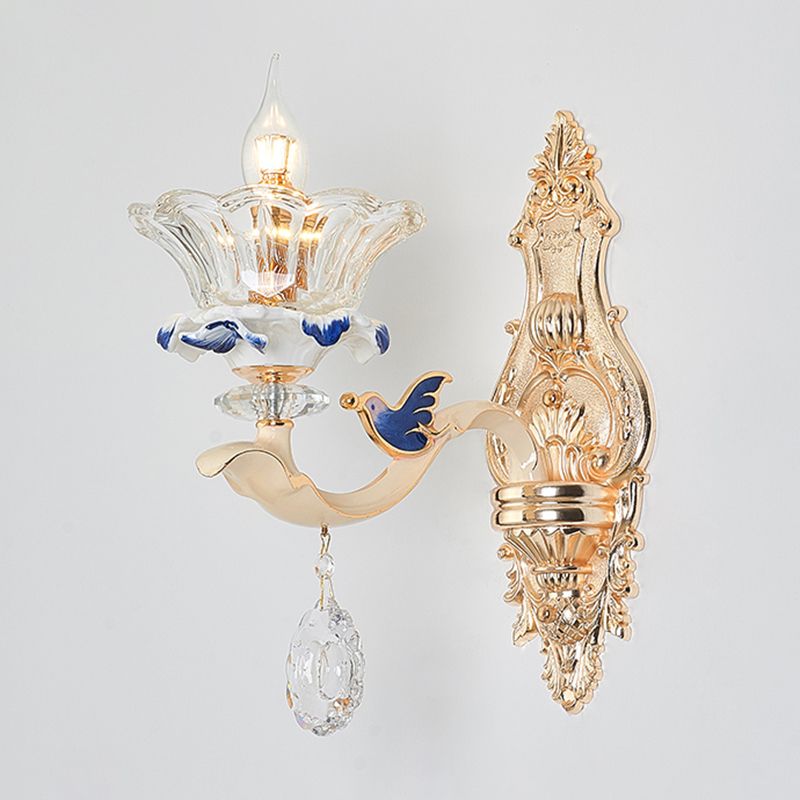Glass Gold Wall Mount Light Ruffle Flower Retro Wall Lighting with Crystal Draping