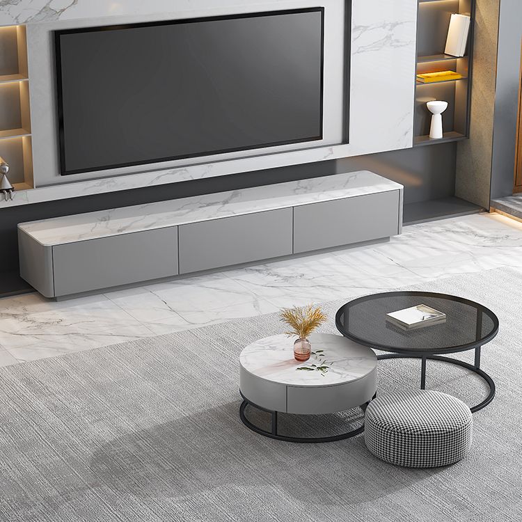 Modern Round Glass & Slate Coffee Table Set Frame Cocktail Table with Drawer