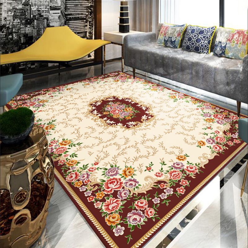 Modern Beige Area Carpet European Pattern Polyester Area Rug Stain Resistant Rug for Home Decor