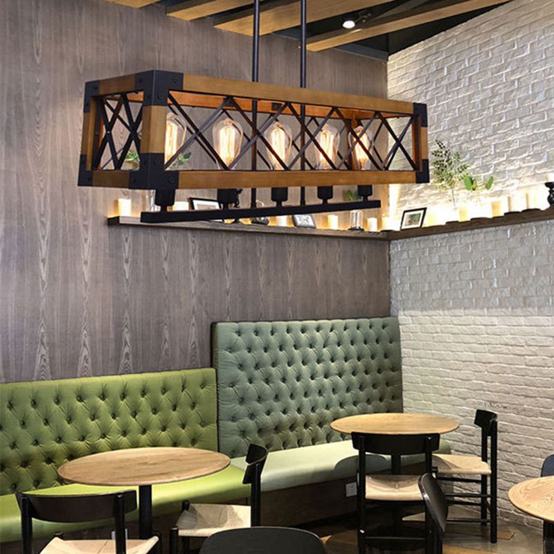 Bois + Iron Cage 5 Light Island Light Industrial Style Hanging Lighting Forment pour Restaurant Cafe Shop