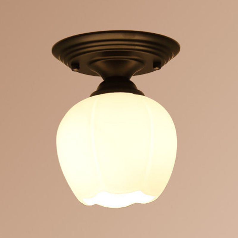 Glass Shaded Close to Ceiling Lamp Simplistic Aisle Semi-Flush Mount in Black