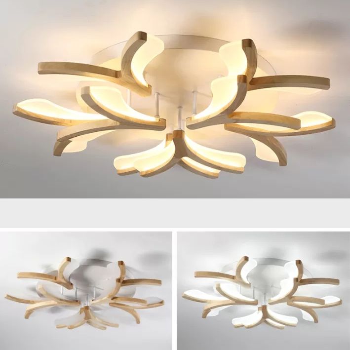 Wooden Floral Semi Flush Light Minimalist White LED Ceiling Light for Living Room
