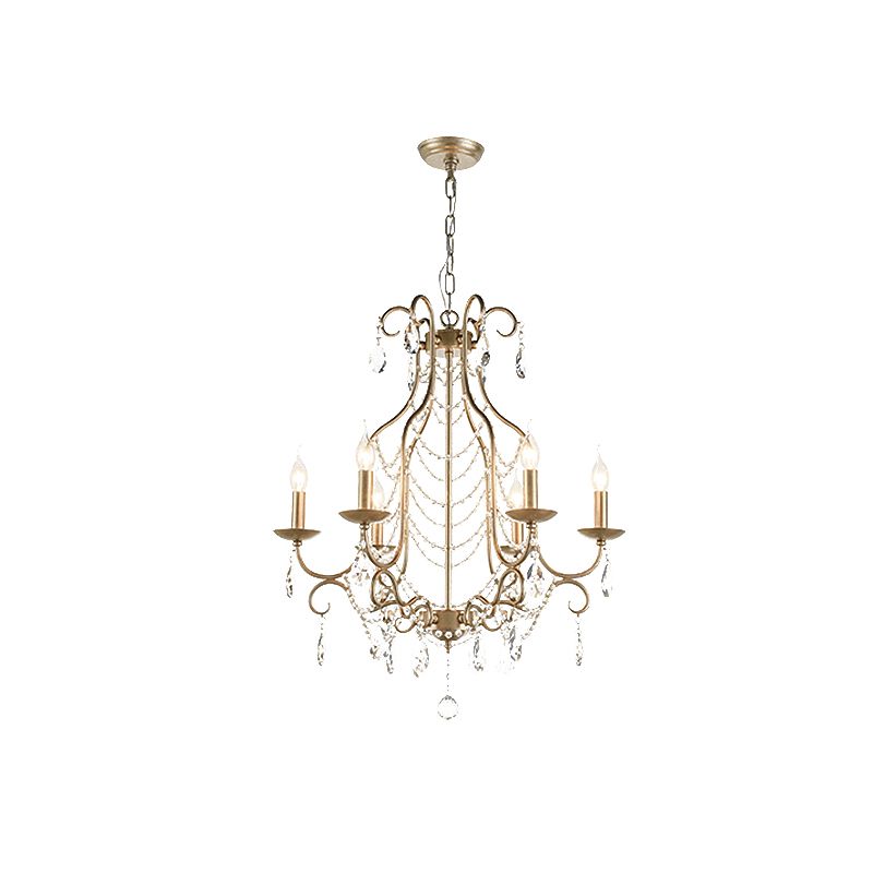 Rustic Candelabra Chandelier 6 Lights Crystal Strand Pendant Lighting in Gold over Table