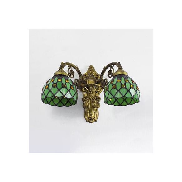 Bead Wall Lighting with Bowl Shade Stained Glass 2 Heads Rustic Loft Sconce Lamp in Green/Blue for Library