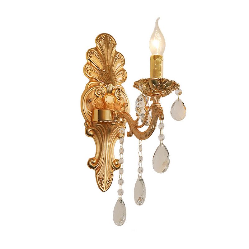 Candelabra Wall Light Fixture Postmodern Metal 1/2 Heads Living Room Sconce Light in Brass with Crystal Drip Accent