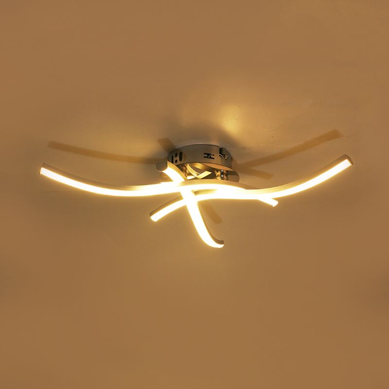 Crossing Wave Semi Flush Ceiling Light Modern Metallic LED Silver Flushmount Lamp in Warm/White Light