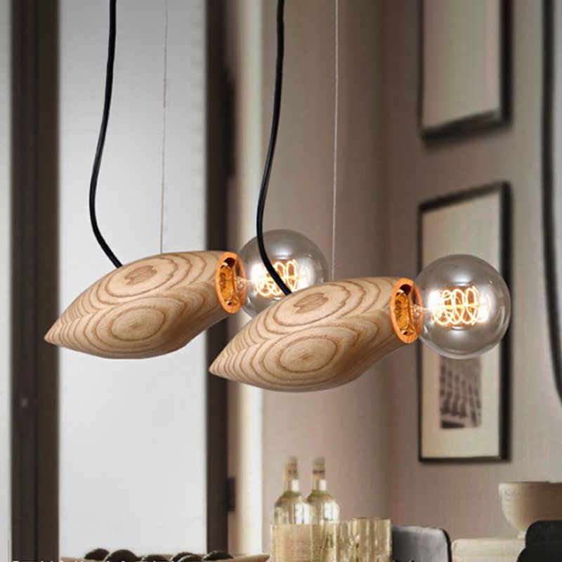 Beige Birdie Pendant Light Kit Nordic 1 Bulb Wood Hanging Light Fixture with Open Bulb Design