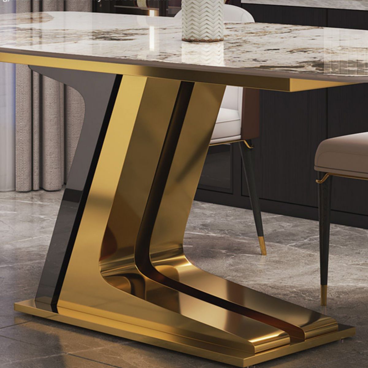 Dining Set of Modern Sintered Stone Table with Gold Metal Base Rectangle Dining Set for Restaurant