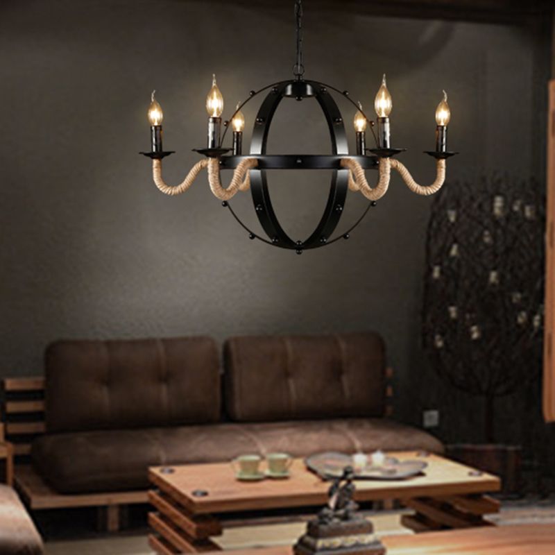 6 Lights Candle Ceiling Lamp Country Black Metal Chandelier Pendant Light for Dining Room