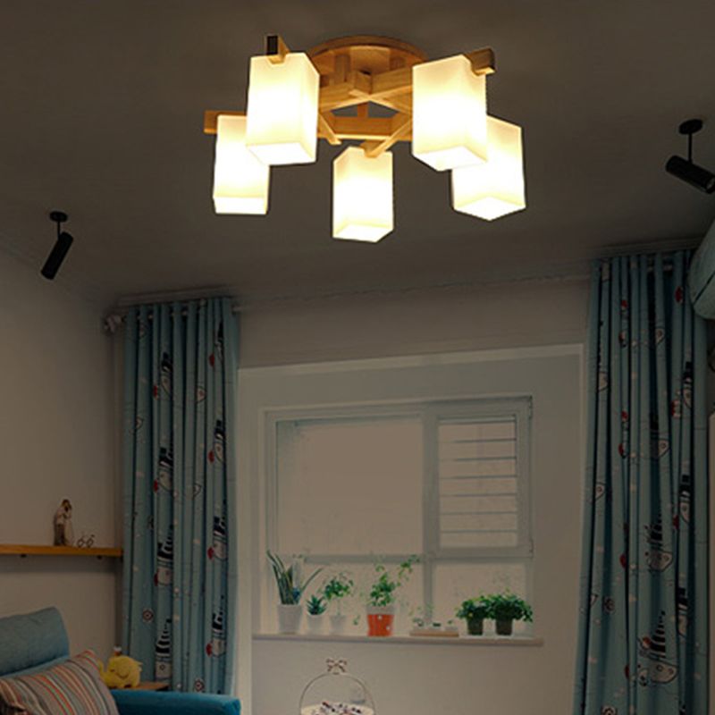 Rectangle White Glass Semi Flush Chandelier Modern Wood Close to Ceiling Light for Living Room