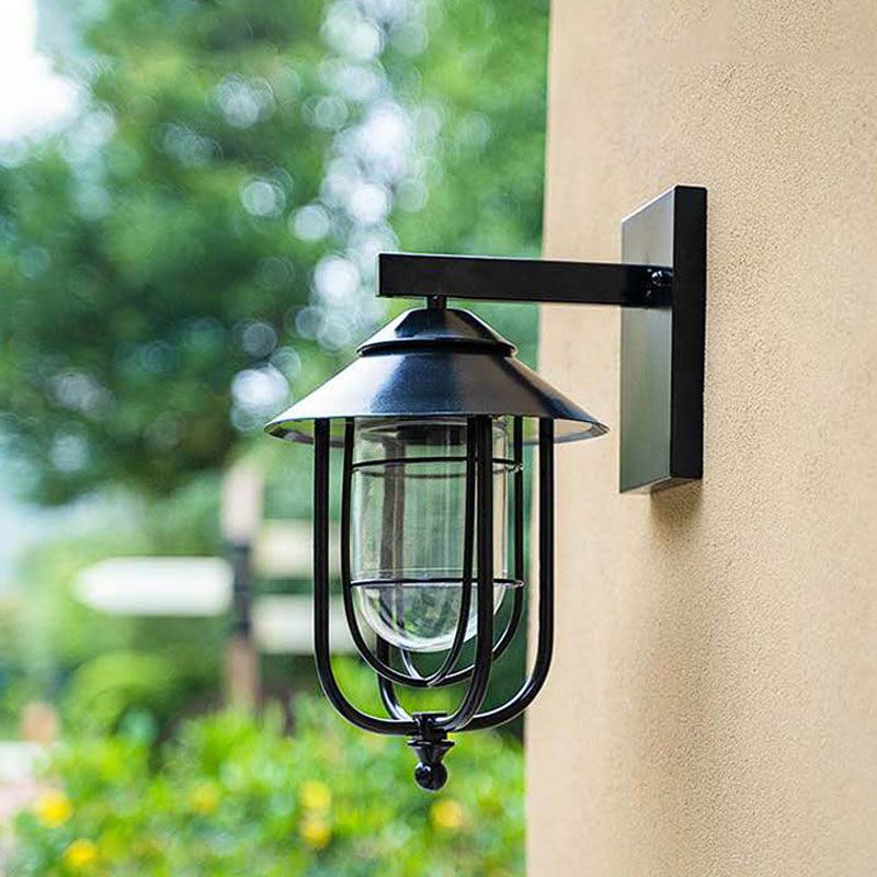 Warehouse Warehouse a parete di balcone a forma di lanterna in metallo 1 cerodle cerated-cero/ceratura nero Apparecchiatura da parete con tonalità in vetro trasparente ovale