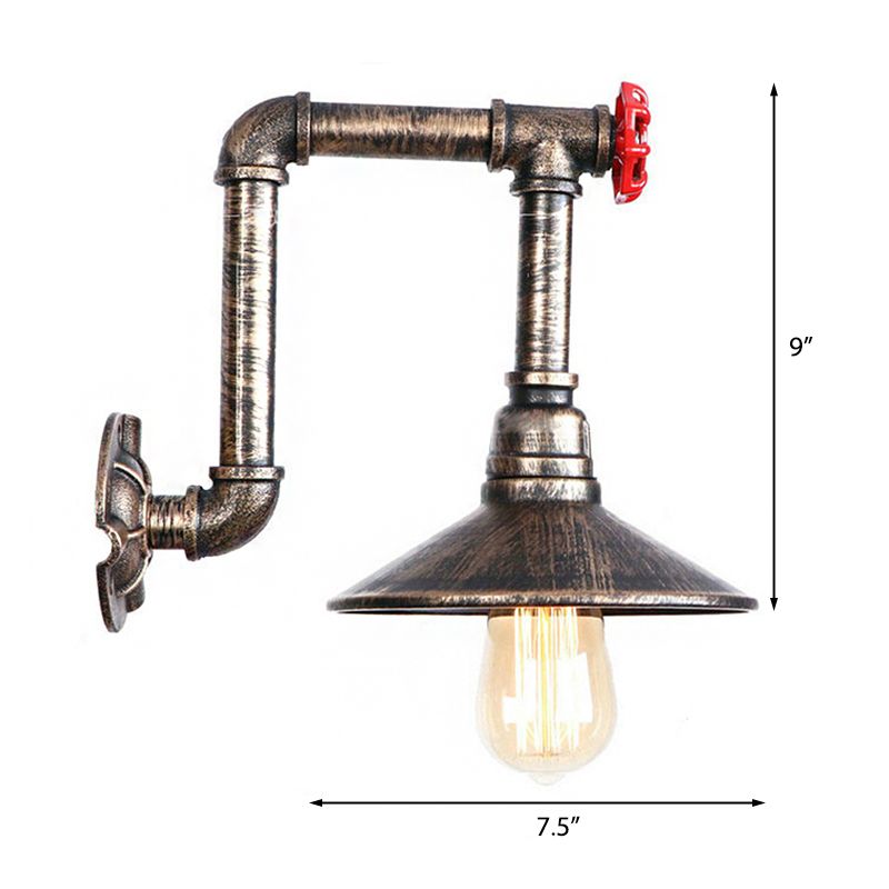 Metallic Saucer Wall Lamp Fixture Warehouse 1 Bulb Corridor Wall Mount Light with Red Valve and Pipe in Antique Bronze