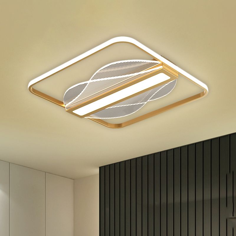 Simplicity LED Flush Mount Gold Squared Bar Decor Ceiling Lighting with Metallic Shade in Warm/White Light, 18"/21.5" Wide