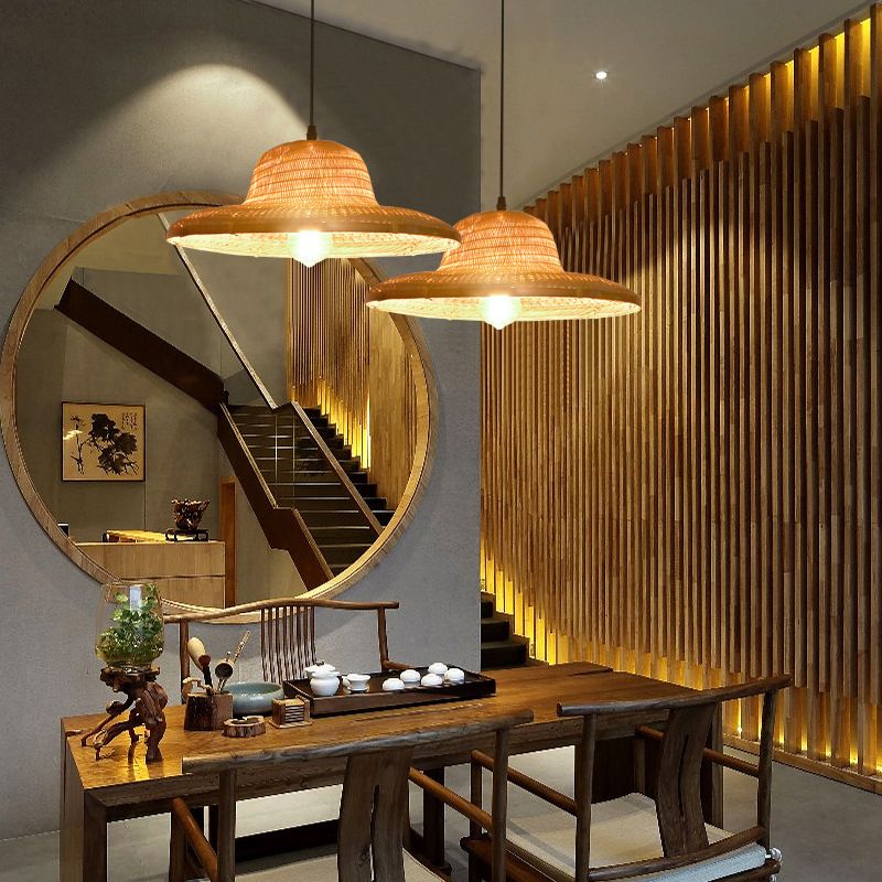 Wood Straw Hat Suspension Light Simplicity 1-Light Bamboo Pendant Lighting Fixture