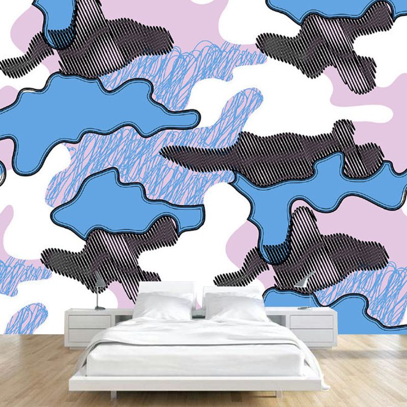 Artistic Abstract Cloud Drawing Mural Pink and Blue Washable Wall Decor for Kids Room