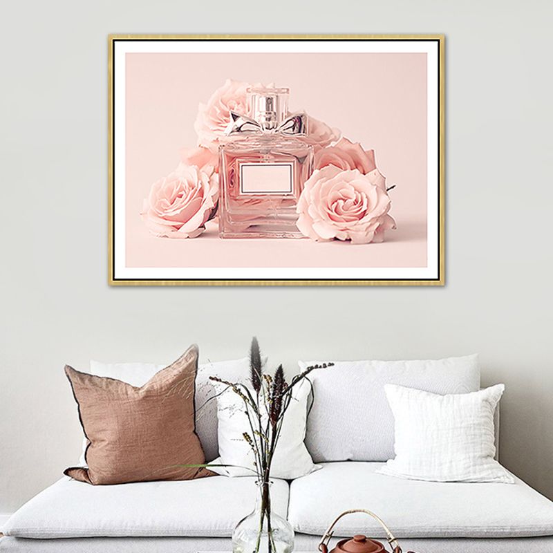 Pink Floral Perfume Canvas Print Photography Glam Style Textured Painting for Bedroom