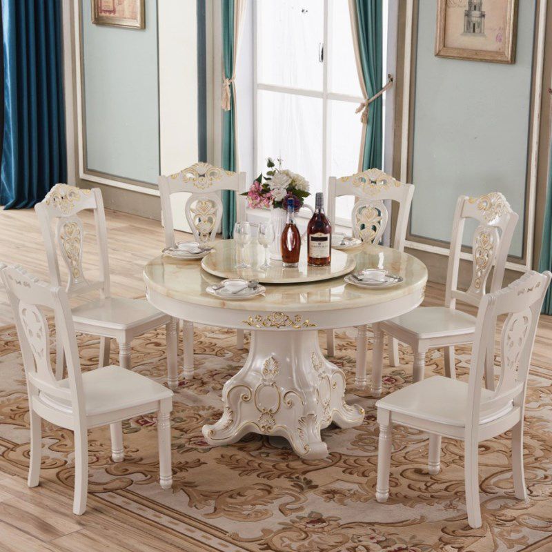 Solid Wood Victorian Round Table White Marble Top Table with Pedestal