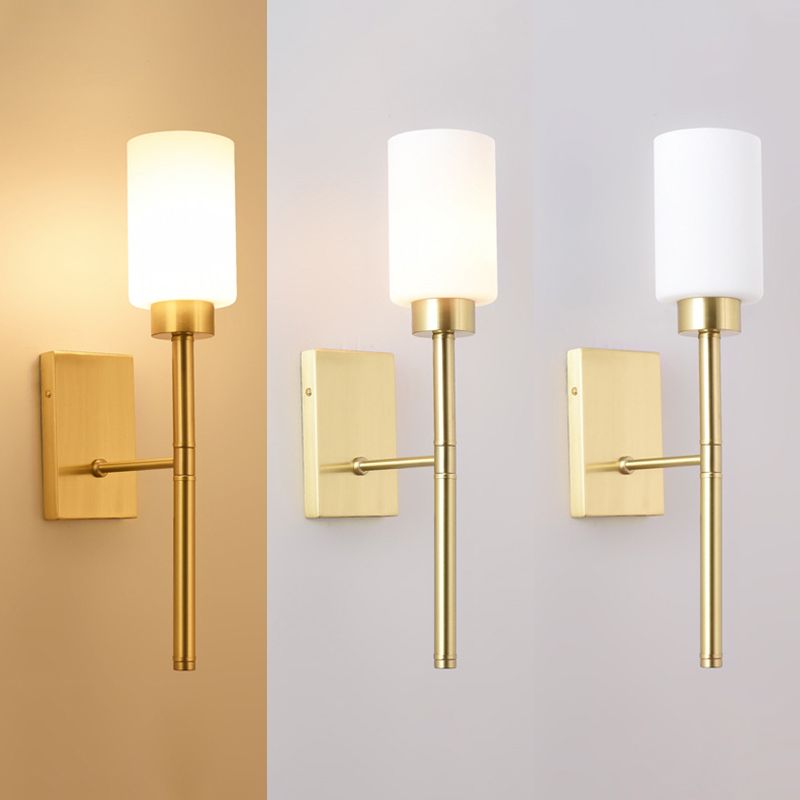 Contemporary Sconce Lights Brass Arm Wall Light for Hotel Bedroom in White Glass Shade