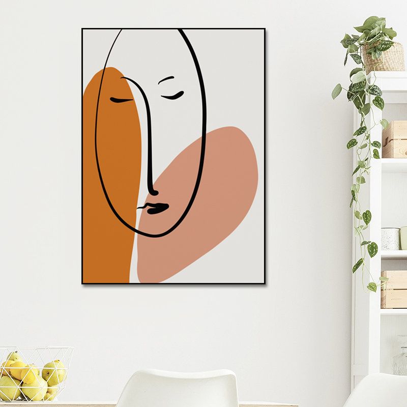 Charcoal Drawings Scandinavian Style Art Girl's Sleeping Face Portraiture in Orange