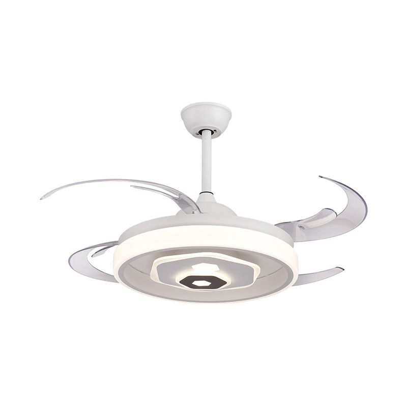 LED -plafondventilator Verlichting Eenvoudige slaapkamer Semi -spoeling Lichte armatuur met ronde acrylschaduw in wit met 4 heldere messen, 42 "W