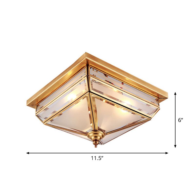 11.5"/16" W Brass 3 Lights Flush Ceiling Lamp Traditional Beveled Glass Square Flush Mount Lighting