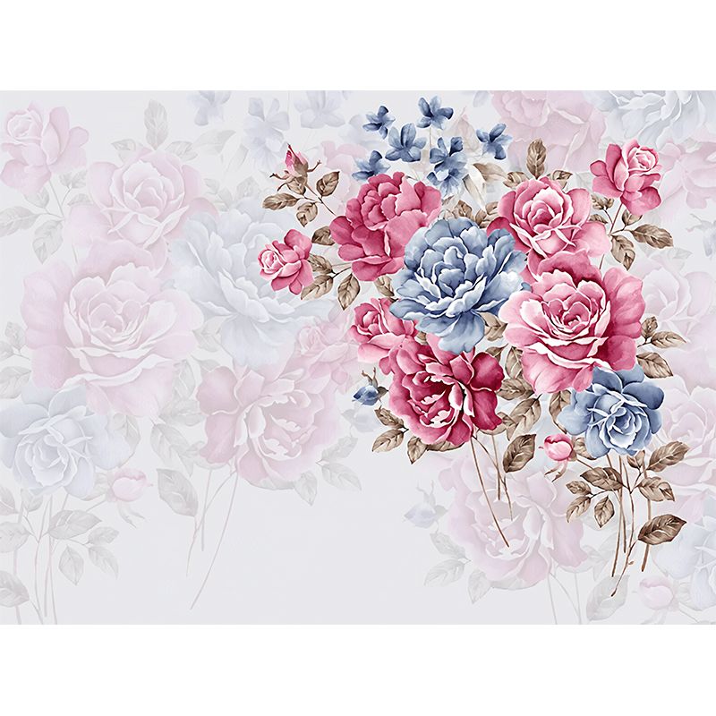 Full Size Wall Covering for Living Room Cluster Flower Mural in Pink and Blue, Moisture-Resistant
