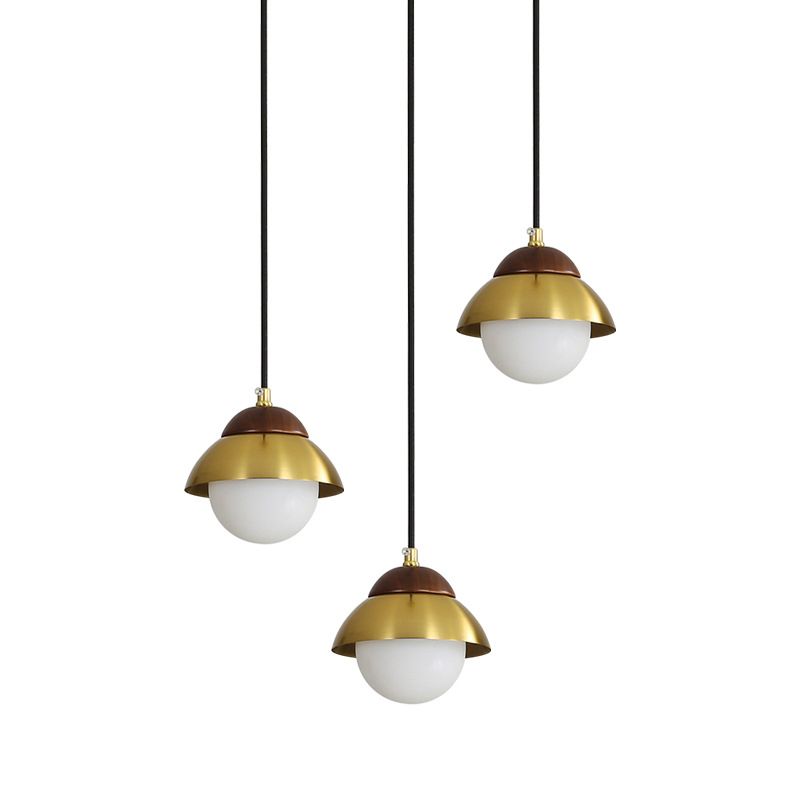 Metal Dome Multiple Lamp Pendant Simplicity 3-Bulb 12"/23.5" Width Brass Hanging Light Kit with Ball Opal Glass Shade