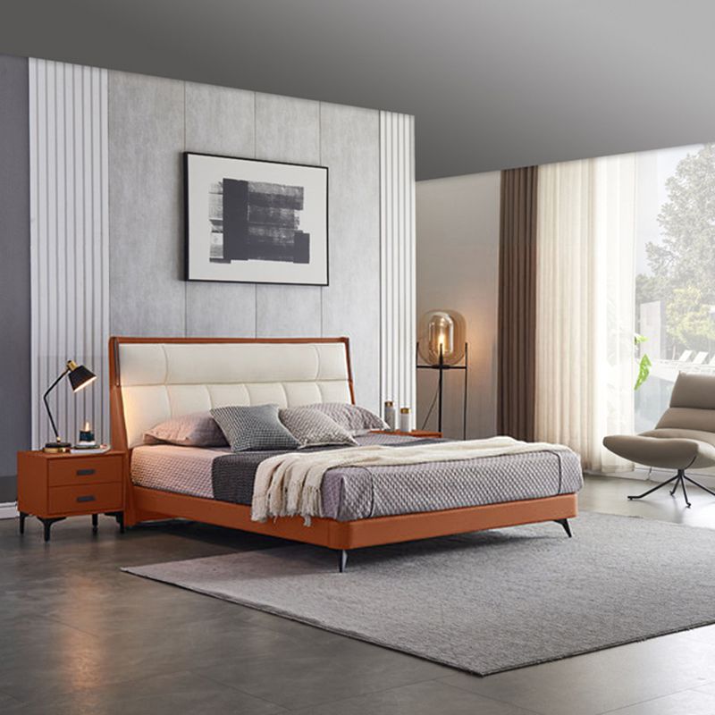 Modern Pine Wood Standard Bed Genuine Leather Panel Bed Upholstered Headboard