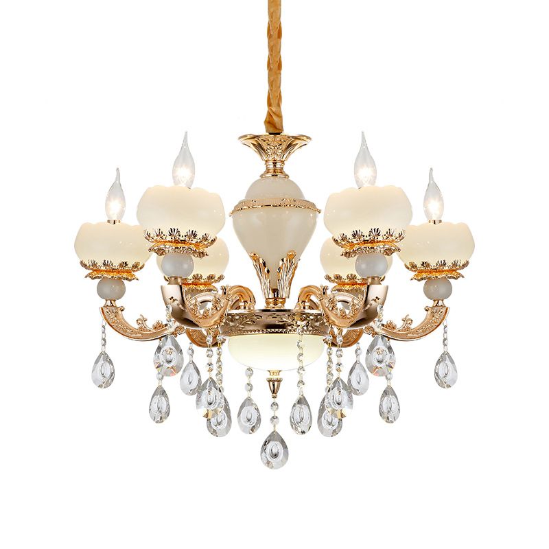 Lámpara de lámpara de araña de oro jade 6 cabezas de la luz del techo de dormitorio con cortinas de cristal