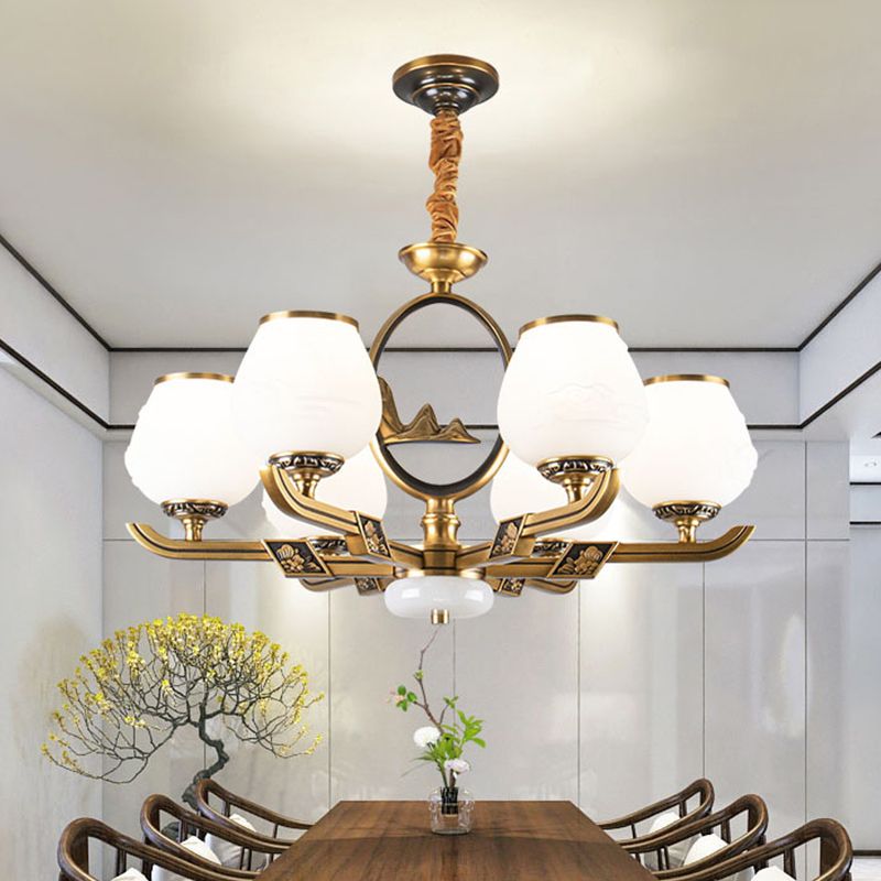 6 lichten kroonluchter lamp traditionele eetkamer hangend licht met knop witte glazen schaduw in messing