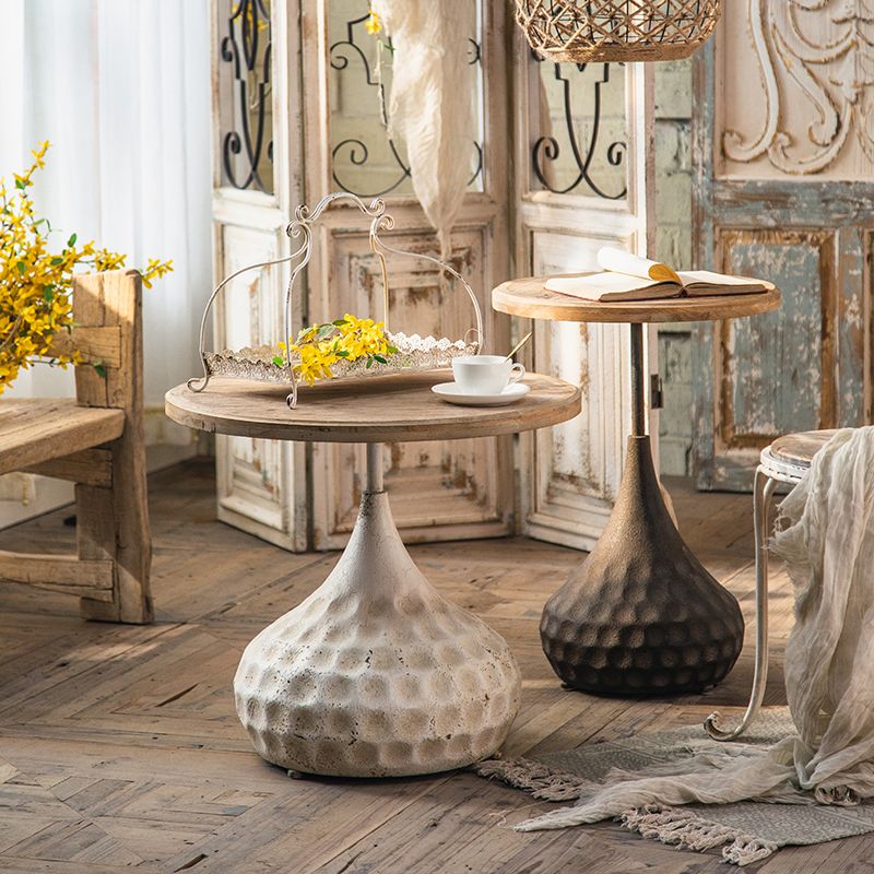 French Country Wood Round Top Side Table Distressed Iron Base End Table