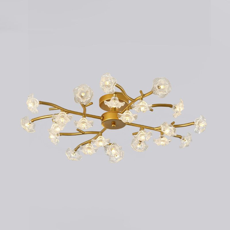 Floral Semi Flushmount Lighting Contemporary Metallic 24-Light Bedroom Flush Ceiling Lamp in Brass