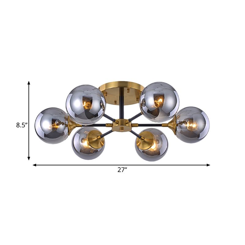 Postmodern Radial Smoke Glass Semi Flush 3/6 Heads Flush Mount Ceiling Chandelier in Brass and Black