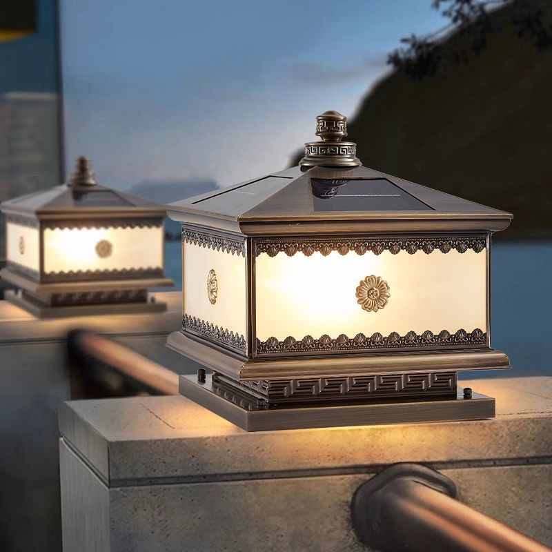 Rectangle Shape Metal Solar Pillar Lamp Modern 1-Light Outdoor Waterproof Light in Bronze