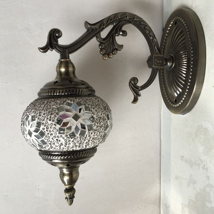 Antique Armed Sconce Metal 1 Bulb Wall Mounted Light Fixture with Global Tan/White Glass Shade for Stairway