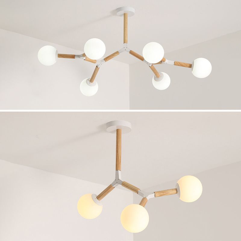 Lampadario molecolare nordico in legno soggiorno luce a sospensione con sfera di vetro opale