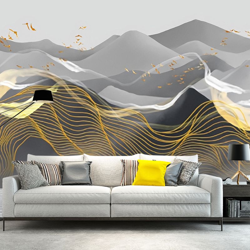 Mountain Mural Wallpaper in Pastel Grey, Vintage Wall Covering for Accent Wall