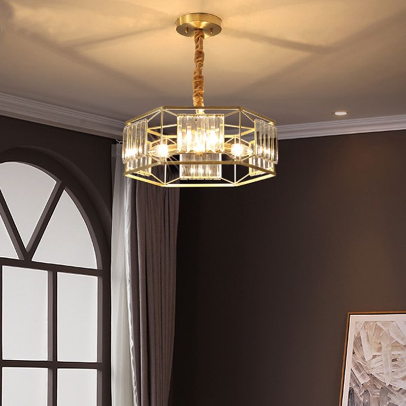 Marco de metal hexágono Luz colgante Bloque de cristal moderno 3 Cabezas Gold Hanging Techo Luz