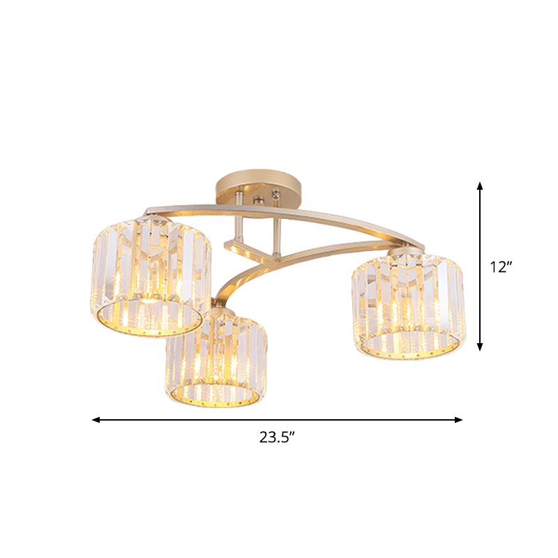 Gold V Arm Ceiling Mount Chandelier Postmodern Metal 3 Bulbs Restaurant Semi Flush Light with Crystal Shade