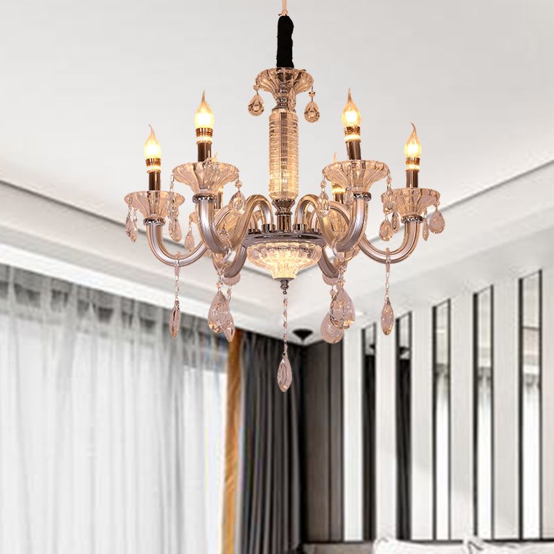 Candélabra suspendu lampe à cristal contemporain Drop 6/8 têtes 23,5 "/31,5" de large lustre de pendentif en argent de largeur